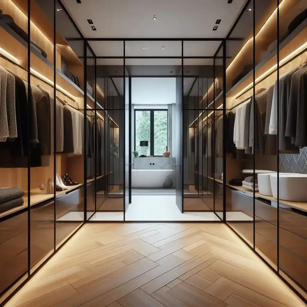 Vestidor lacado brillante con puertas vitrina acero y baño al fondo, reforma hecha con puertas Re-doors