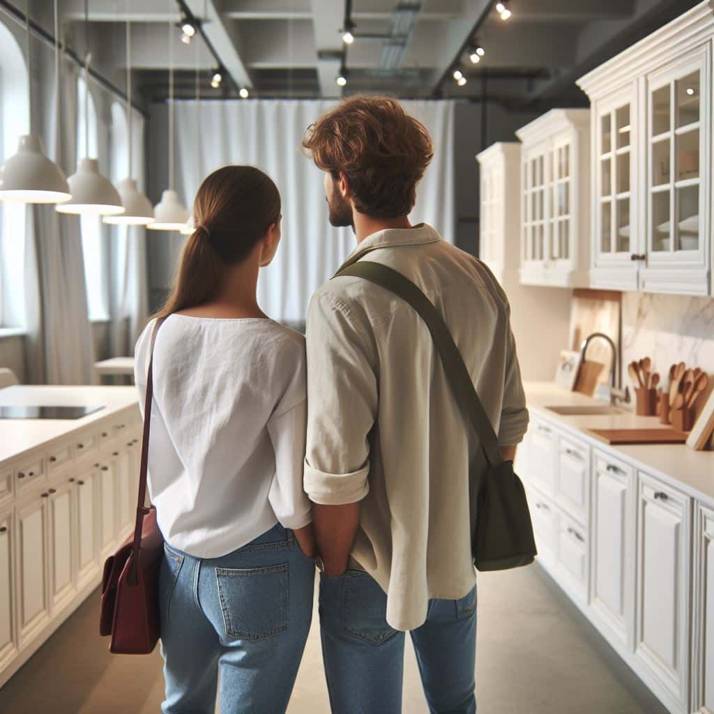 Familia mirando una exposición de puertas de cocina en blanco