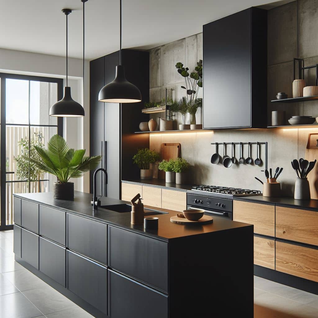 Ejemplo de cocina con puertas de Silestone o Neolith integradas con encimera y muebles de cocina en madera con encimera de color diferente.