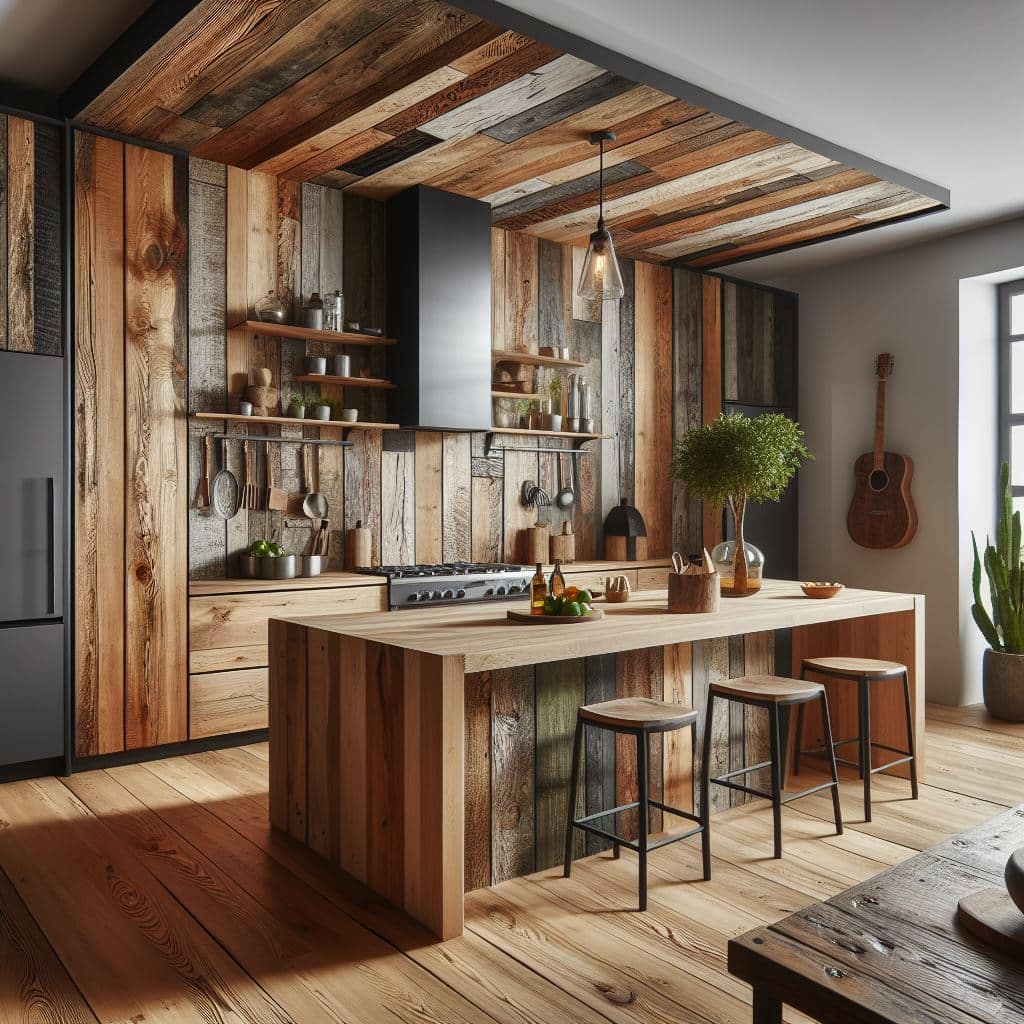 cocina a medida en mueble de 19mm, con puertas de madera recuperada.