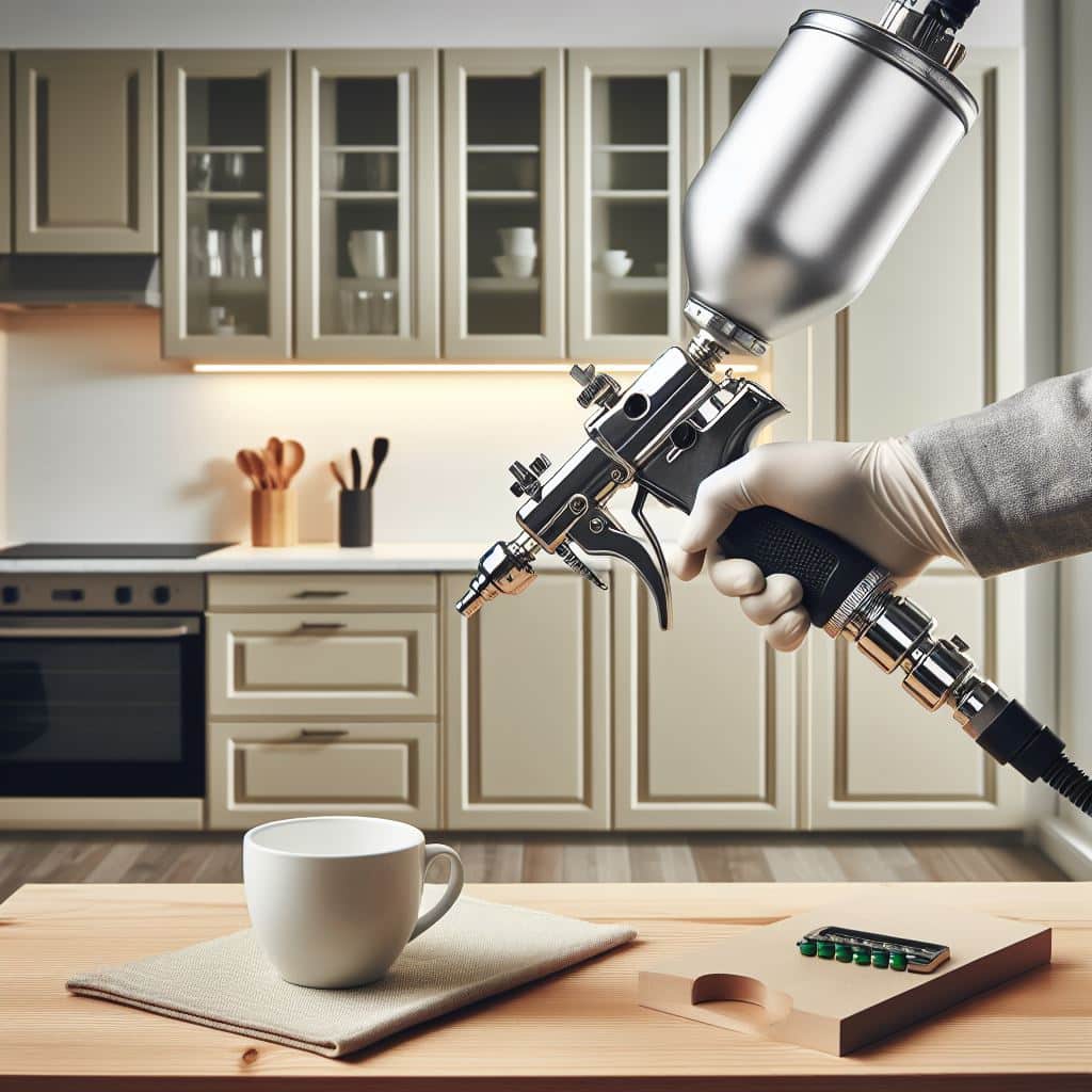 pistola de lacado en primer plano sobre cocina lacada, para mostrar como fabricamos las puertas a medida en Re-doors