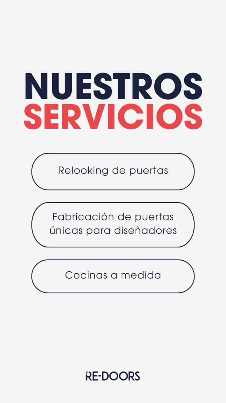 Los servicios de Re-doors, relooking, puertas premium o singulares, cocinas a medida.