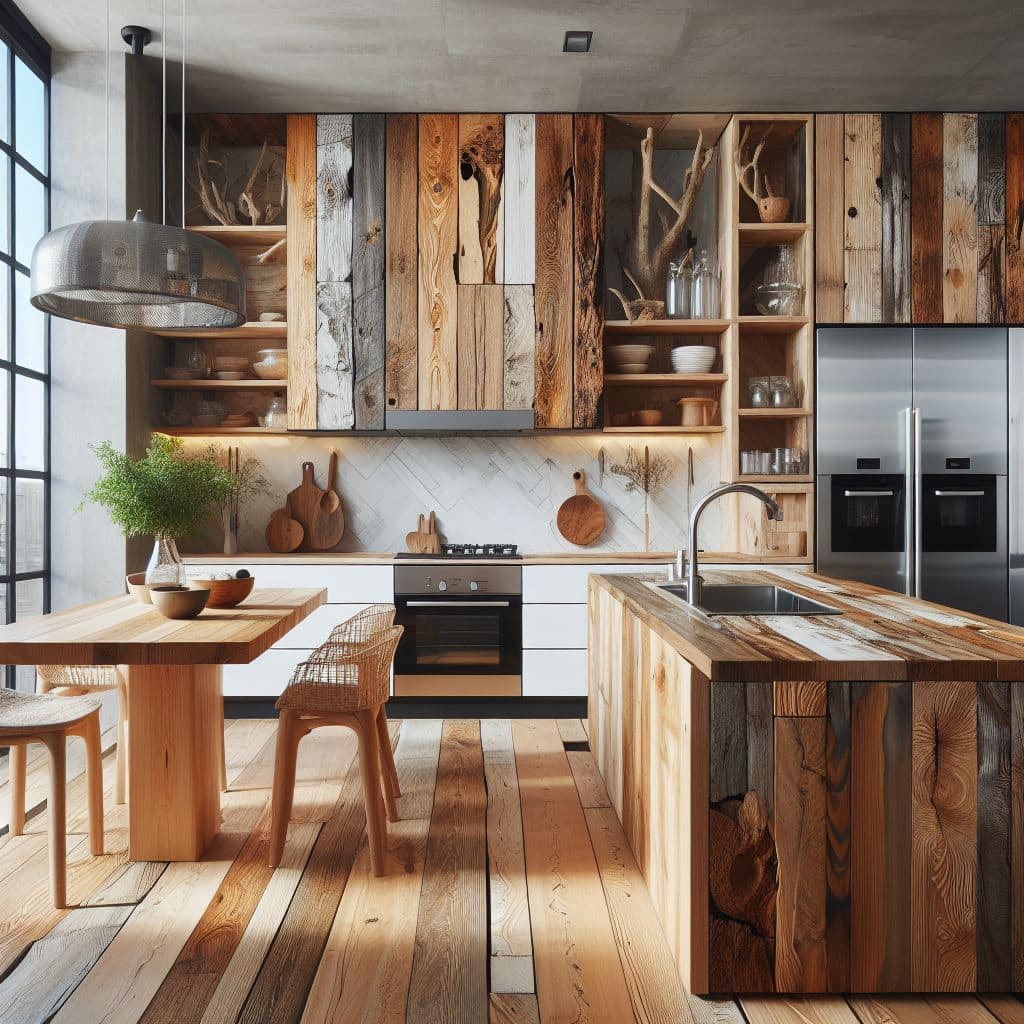 Cocina con puertas a medida realizados en madera recuperada.